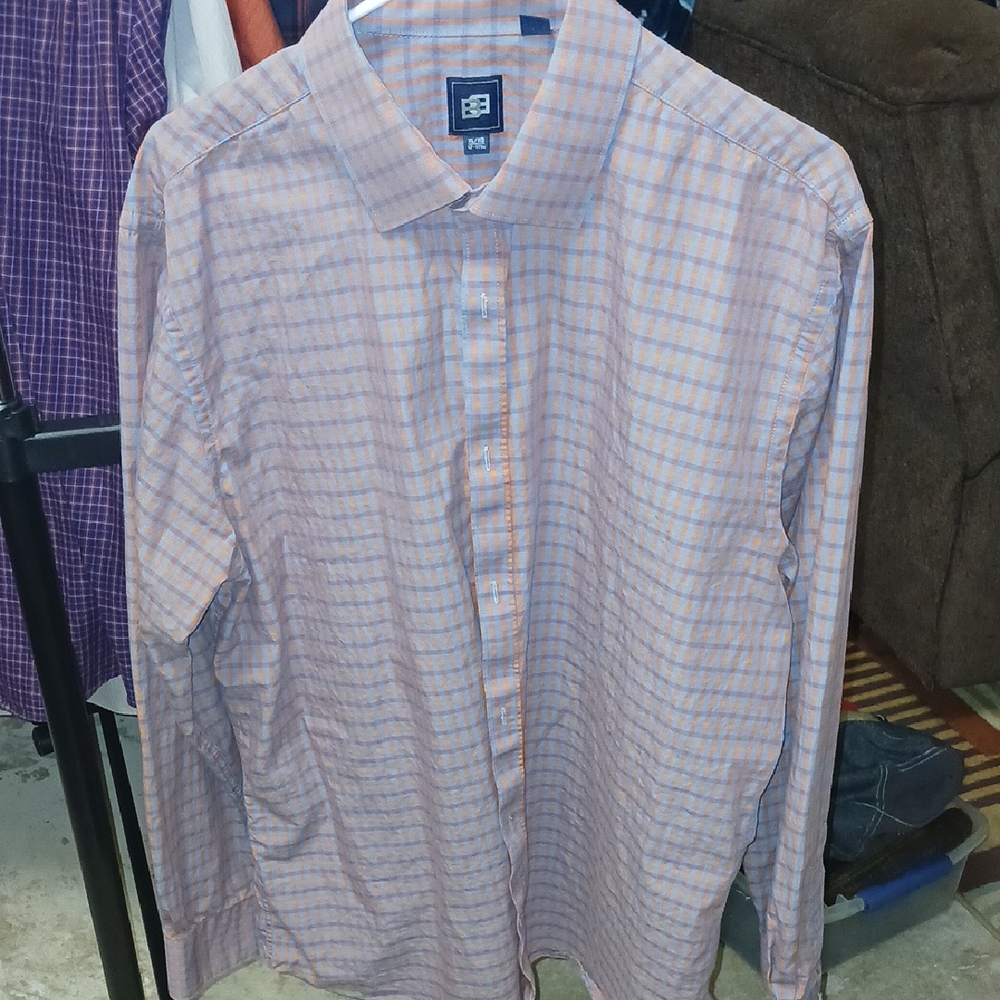 Bachrach Men's Blue and Orange Checkered Shirt